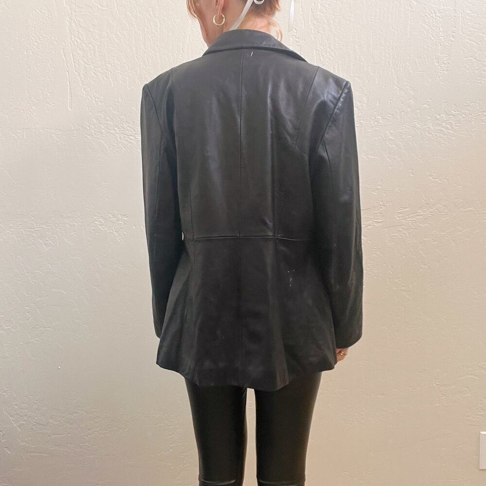 Vintage 1990's Black 100% Leather Blazer Jacket w/ Single Button Closure - Picture 3 of 5